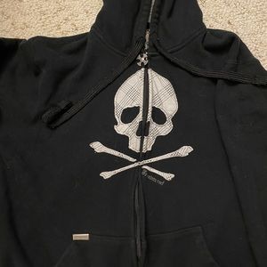 Irreverent black skull hoodie zip up size XL